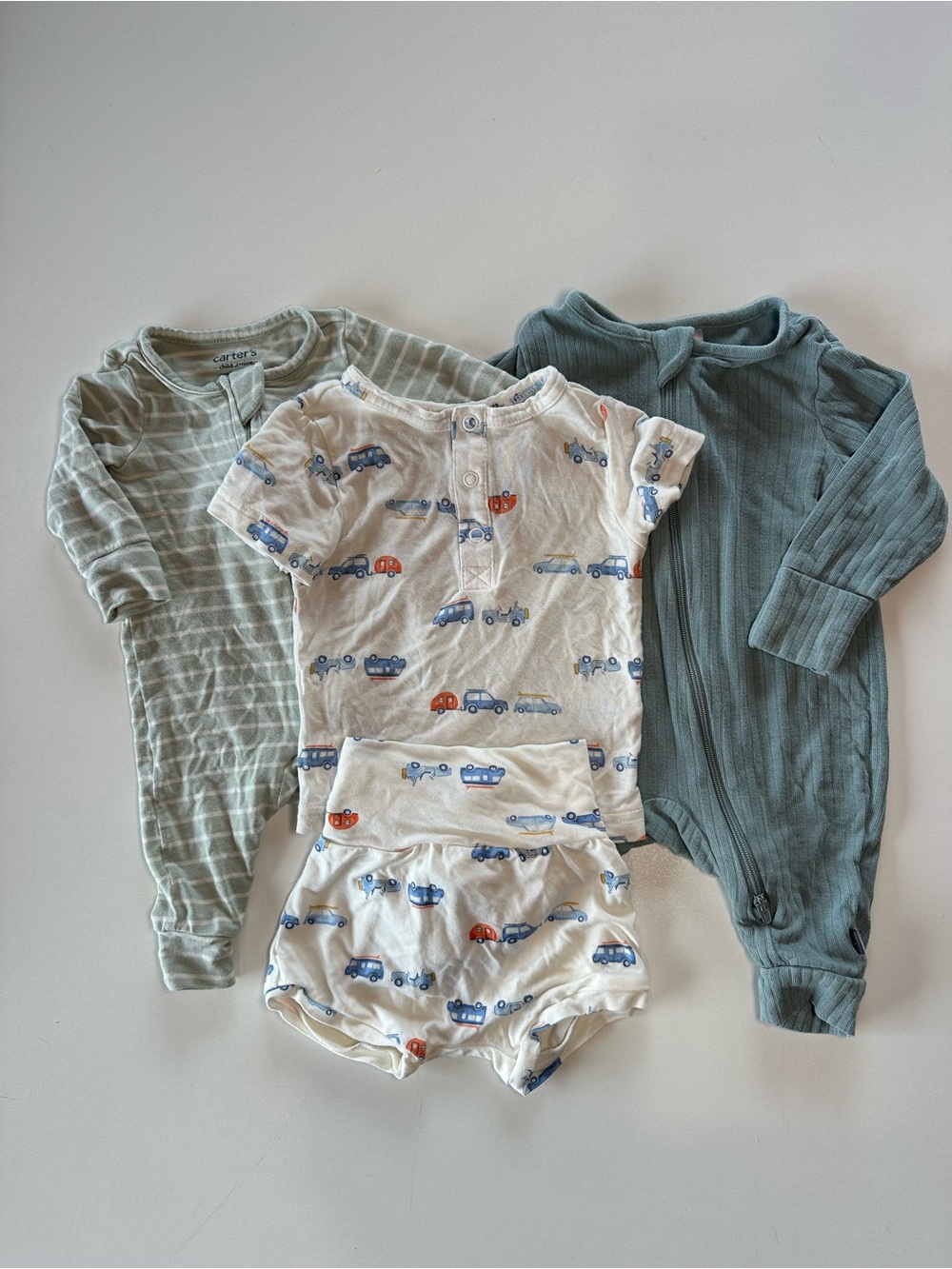 Carter's Bamboo Green, Teal and White Baby One-Piece & Short Car Print - 3 Pack
